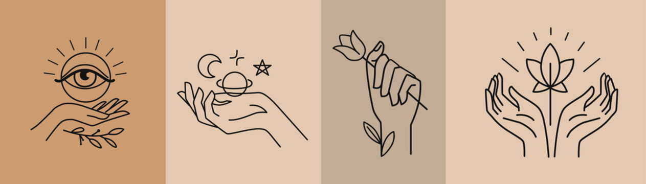 Womans hand collection line hands of different gestures. Lineart for beauty studio, posters, cards, tattoo elements