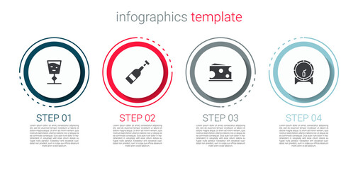 Set Wine glass, Opened bottle of wine, Cheese and Wooden barrel on rack. Business infographic template. Vector