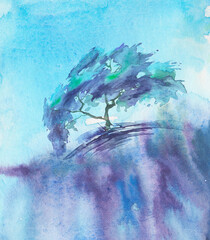 Watercolor landscape. Drawing in blue paint. A tree on a slope, a waterfall, a whirlwind of wind. Nice splash of paint. Summer countryside landscape. Environmental poster. silhouette of a forest