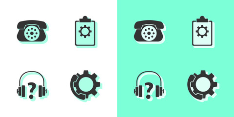 Set Telephone 24 hours support, , Headphones and Checklist with service icon. Vector