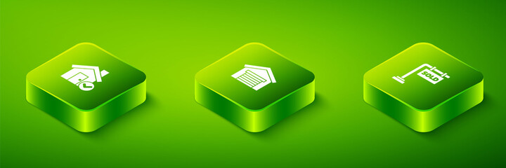 Set Isometric Garage, Hanging sign with Sold and House check mark icon. Vector