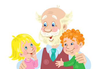 Children with their beloved grandfather. Portrait in cartoon style. Isolated on white background. Vector flat illustration.