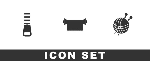 Set Zipper, Textile fabric roll and Yarn ball with knitting needles icon. Vector