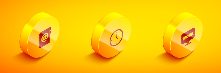 Set Isometric Address book, Clock and Location with text work icon. Vector