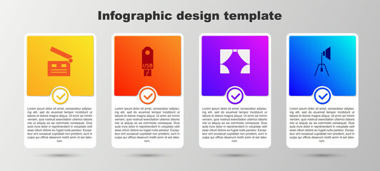 Set Movie clapper, USB flash drive, Curtain and spotlight. Business infographic template. Vector