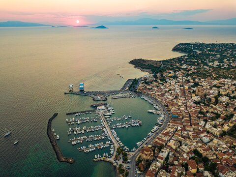 Aerial view of marina and port on Egina island. Greece in the summer