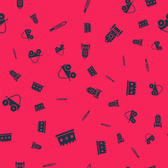 Set King crown, Medieval sword, Wooden four-wheel cart and throne on seamless pattern. Vector