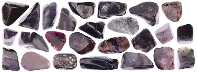 Sugilite jewel stones set texture on white isolated background. Macro closeup.