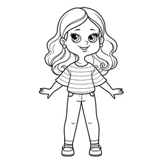 Cute cartoon girl in stripped casual blouse and narrow denim jeans outline for coloring on a white background