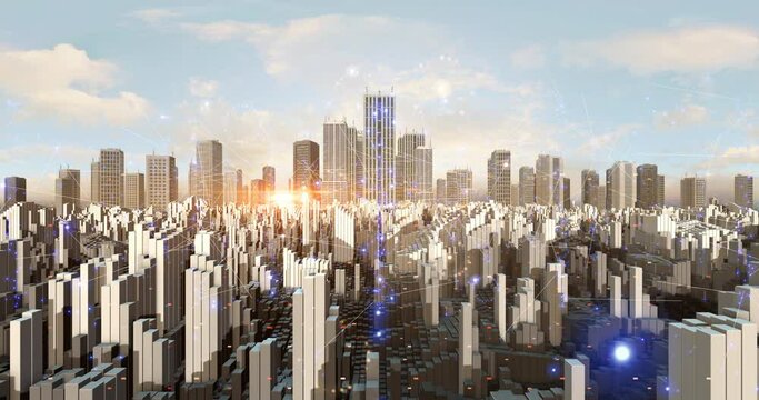 Smart City Aerial 3D Animation. Futuristic 5G Computer Network. Technology And Business Related 4K CG Animation.