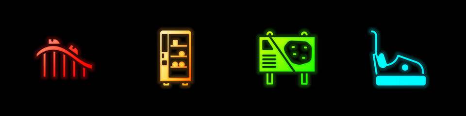 Set Roller coaster, Vending machine, Amusement park billboard and Bumper car icon. Vector