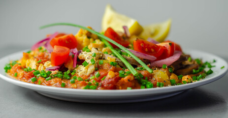 Haricot tomato bean sauce with turmeric potatoes, pork and herb sausage, and scrambled egg