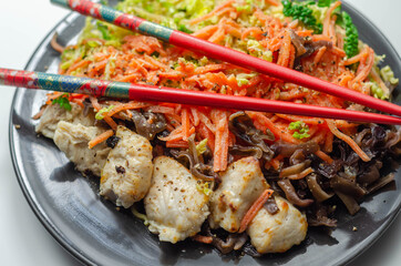Cooked chicken breast pieces with egg noodles, carrots, and cabbage in a savory chow mein sauce