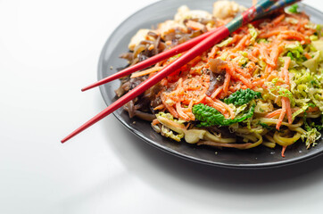Cooked chicken breast pieces with egg noodles, carrots, and cabbage in a savory chow mein sauce