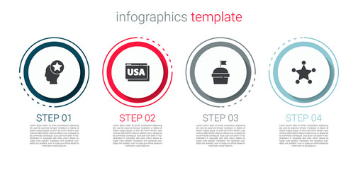 Set USA Head, on browser, Cake and Hexagram sheriff. Business infographic template. Vector