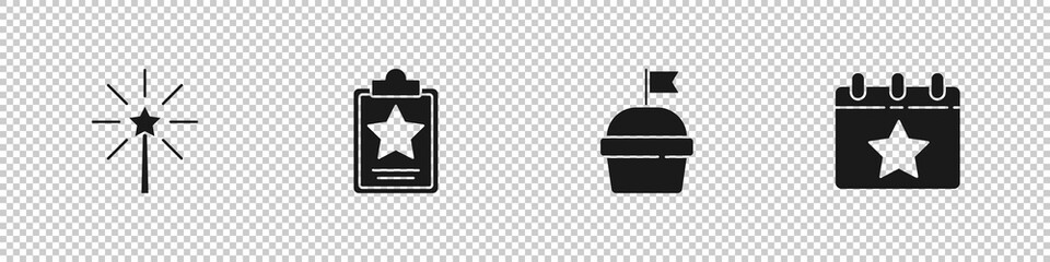 Set Firework, USA Independence day, Cake and Calendar with date July 4 icon. Vector