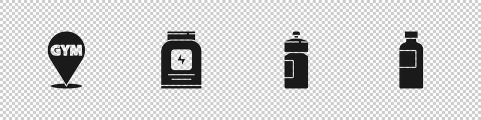 Set Location gym, Sports nutrition, Fitness shaker and icon. Vector