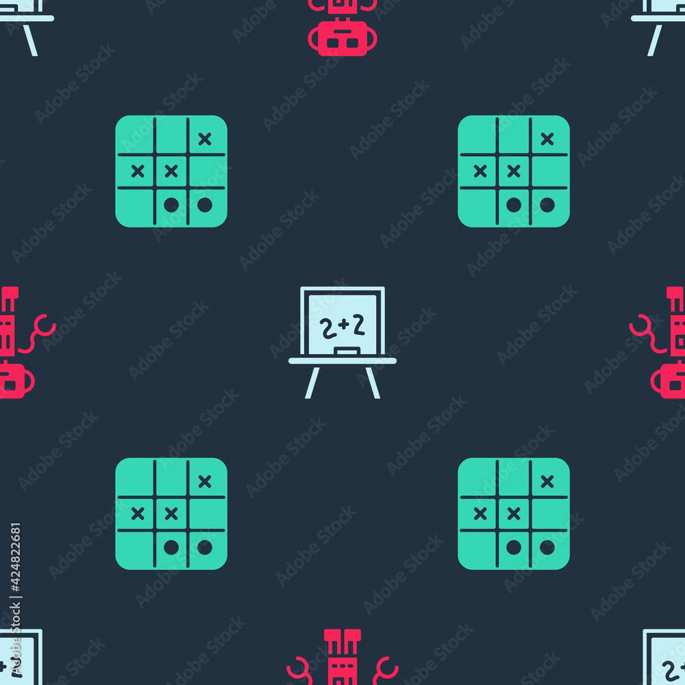 Poster set robot toy, chalkboard and tic tac toe game on seamless pattern. vector