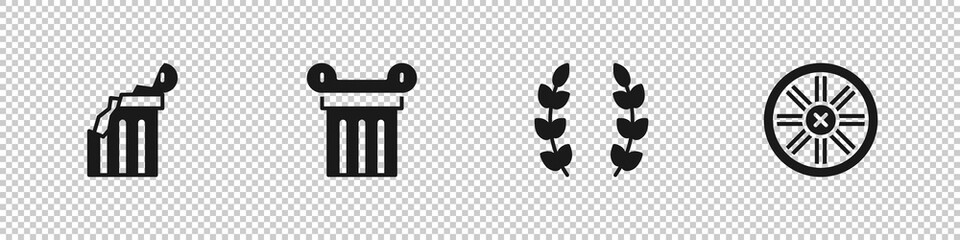 Set Broken ancient column, Ancient, Laurel wreath and Old wooden wheel icon. Vector