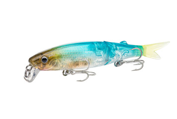 Wobbler with hooks for fishing as bait for fish, which is used for spinning. Fishing tackle for a fisherman.