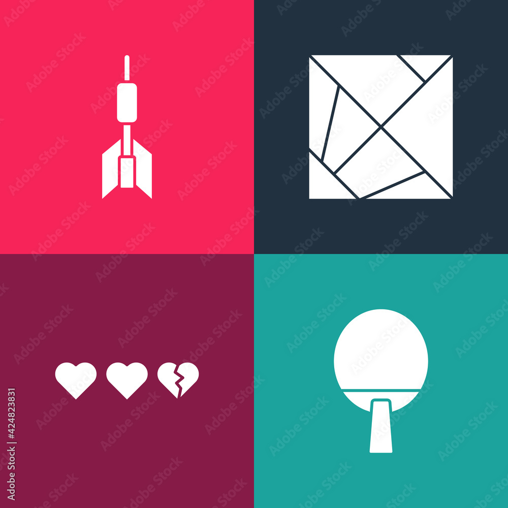Poster set pop art racket, hearts for game, rubik cube and dart arrow icon. vector
