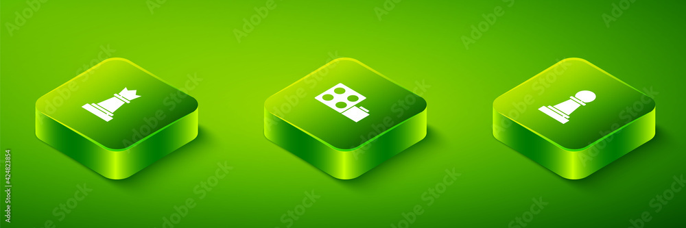 Poster set isometric toy building block bricks, chess and icon. vector