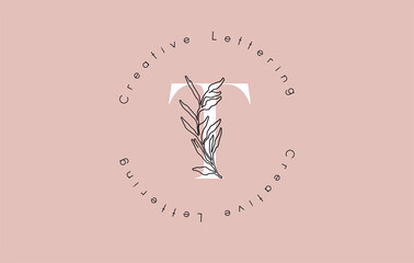 White Letter T Logo with circle lettering design and outline leaves and pastel backgound.