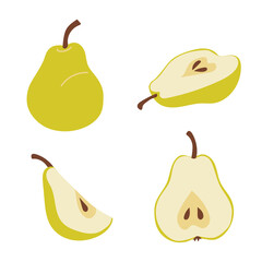 Fresh sweet juicy pears. Whole, halves, parts of the fruit. Set of vector illustrations in flat style isolated on white background