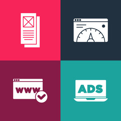 Set pop art Advertising, Website template, statistic and Browser window icon. Vector