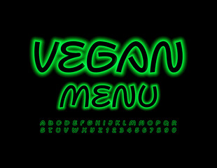 Vector glowing template Vegan Menu. Creative style Font. Artistic Alphabet Letters and Numbers set