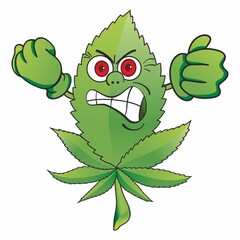 Angry hemp leaf, The evil leaf of cannabis, marijuana. Cute funny Weed marijuana leaf. Cartoon mascot character. Medical cannabis, weed, marijuana character concept