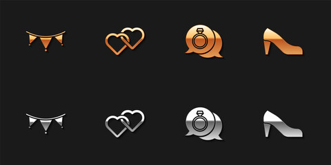 Set Carnival garland with flags, Two Linked Hearts, Diamond engagement ring and Woman shoe icon. Vector