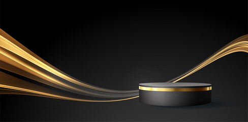 Minimal black scene with golden lines. Cylindrical gold and black podium on a black background. 3D stage for displaying a cosmetic product
