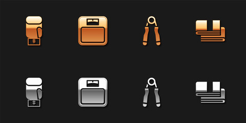 Set Boxing glove, Bathroom scales, Sport expander and Towel stack icon. Vector