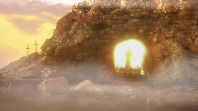Empty tomb of Jesus with crosses in the background. Easter or Resurrection concept render 3d