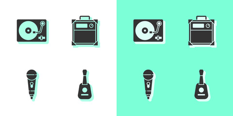 Set Guitar, Vinyl player with vinyl disk, Microphone and amplifier icon. Vector