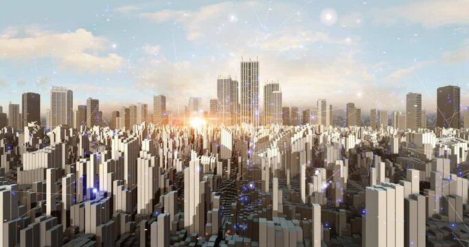 Futuristic Aerial Panoramic Skyline Of Smart Metropolitan 3D City. Technology And Business Related 4K CG Animation.