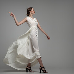 Fashion woman portrait in white long flying airy dress
