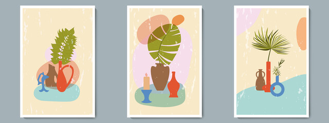Hand Draw Pottery Vase Set with Tropical Plants and Abstract Shape. Trendy Collage for Decoration at Grunge Background