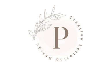 Letter P Logo With Watercolor brush and circle lettering design and outline leaves in Pastel Colors. Creative vector illustration with letter P.