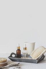 Zero waste, sustainable bathroom and lifestyle. Bamboo massage brush, loofah sponge, natural oil,...