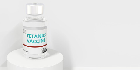 Glass vial with TETANUS VACCINE text on white background, 3D rendering