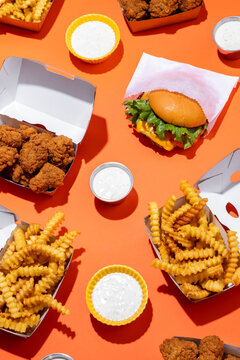 Hamburger fast food flat lay with french fries
