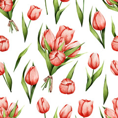 Floral watercolor pattern with red tulips. Spring background. Suitable for textiles, dough, gifts, wrapping paper, etc