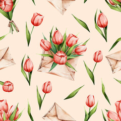 Watercolor pattern with flowers in an envelope. Red tulips on a beige background. Suitable for textiles, gifts, paper, etc