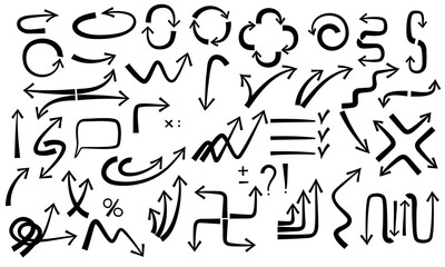 Arrows  and marks black silhouettes big set. Vector illustrations isolated on white background for education, business diagrams, navigation, pictograms.