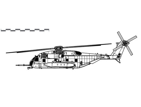 Sikorsky CH-53E Super Stallion. Vector drawing of heavy-lift helicopter. Side view. Image for illustration and infographics.