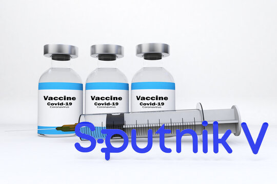 Vaccines with a syringe and a container bottle in the treatment of coronavirus disease 2019 COVID-19 covid19 covid Sputnik V 3D RENDER.
