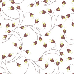 Ditsy pattern. Vector floral seamless texture. Abstract background with simple small brown and green flowers on twigs. Liberty style wallpapers on white backdrop. Elegant repeat design for decoration,