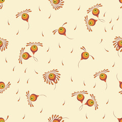 Vector floral seamless pattern with abstract fantasy flowers. Hand drawn floral texture. Ethnic folk style ornament. Elegant background in orange color. Repeat design for tileable print, fabric, decor